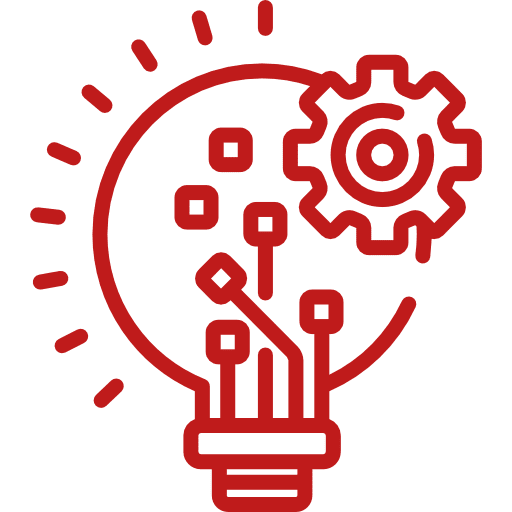 A red drawing of a light bulb with gears coming out.